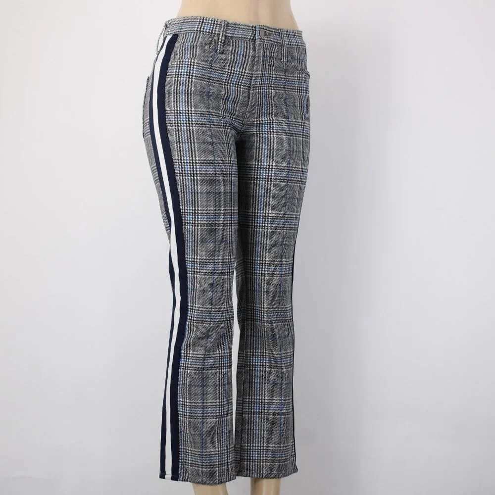 Mother Pant Sz 28 x 27 Black Blue White Striped Side Plaid Straight Cotton Pant - Picture 7 of 16
